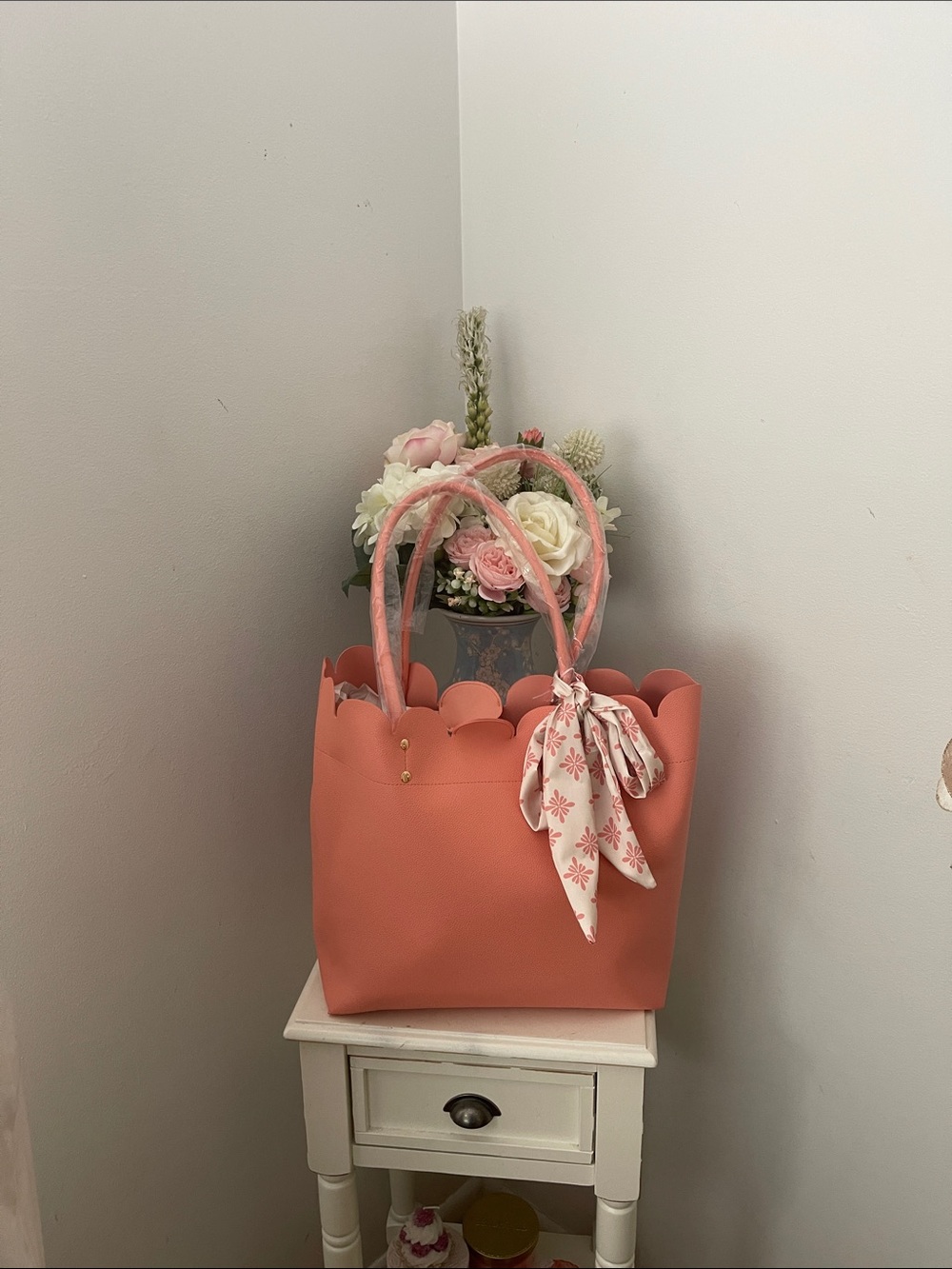 Coral Scallop-Trim Tote Bag with Floral Scarf and Matching Small Bag